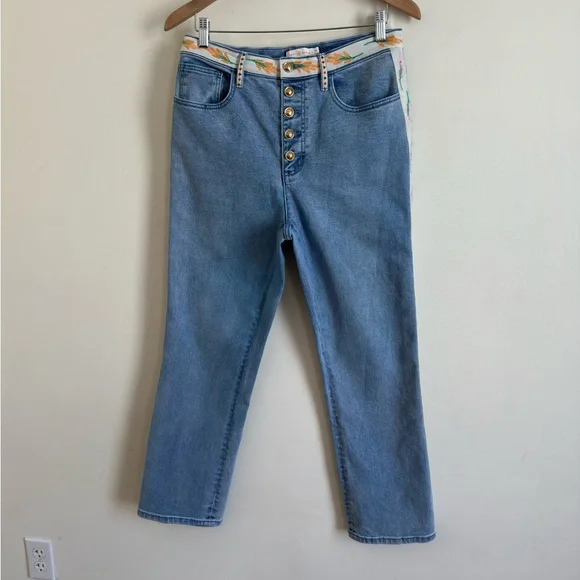 Tory Burch High Waisted Stretch Jeans Embroidered Floral Side Stripe Sz 30